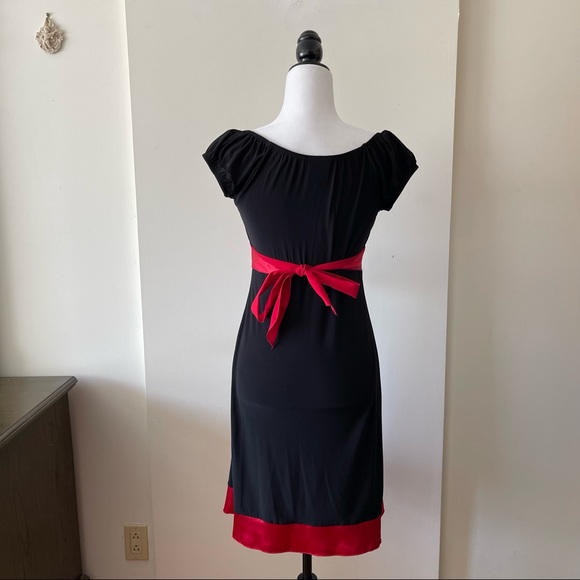 Vintage 90s black red stretchy peasant style top cocktail dress - Picture 6 of 11